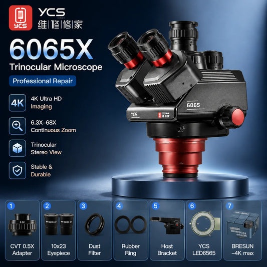 Microscopio trinocular YCS, aumento de 0,6X a 6,5X, zoom continuo, 6065X, lente individual, sin base, iluminación LED, cámara HD 4K