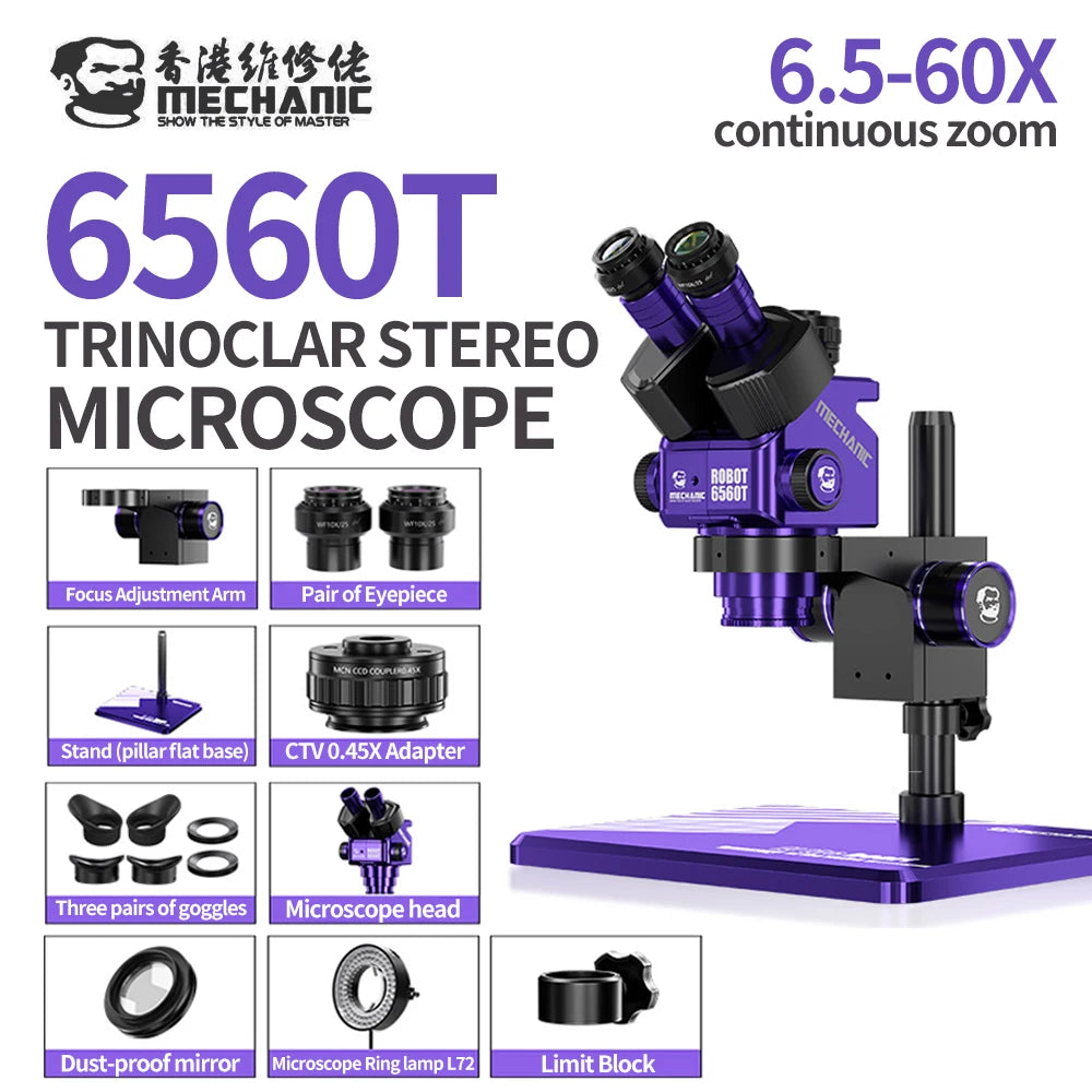 MECHANIC ROBOT 6560T 6.5-60X Trinocular Stereo Microscope for Electronic Repair Motherboard PCB Welding Fault Detection Tool