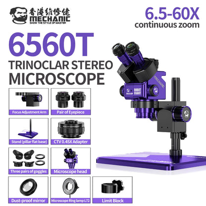 MECHANIC ROBOT 6560T 6.5-60X Trinocular Stereo Microscope for Electronic Repair Motherboard PCB Welding Fault Detection Tool