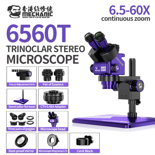 MECHANIC ROBOT 6560T 6.5-60X Trinocular Stereo Microscope for Electronic Repair Motherboard PCB Welding Fault Detection Tool