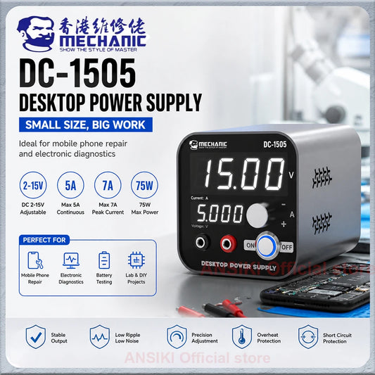 Fuente de alimentación de laboratorio de CC ajustable digital MECHANIC DC‑1505, 2‑15 V, 5 A, 75 W, para reparación de teléfonos móviles y herramientas de inspección