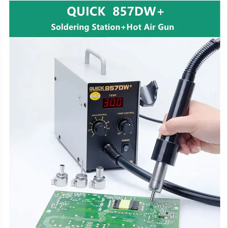 QUICK 857DW+ Adjustable Hot Air Gun 580W Welding Tools Portable Digital Display SMD Rework Solder Station With Nozzles & Heater