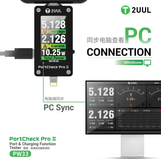 2UUL PW33 PortCheck Pro II: comprobador todo en uno de puertos y funciones de carga para el diagnóstico y la reparación de dispositivos móviles con conectores USB-C y Lightning