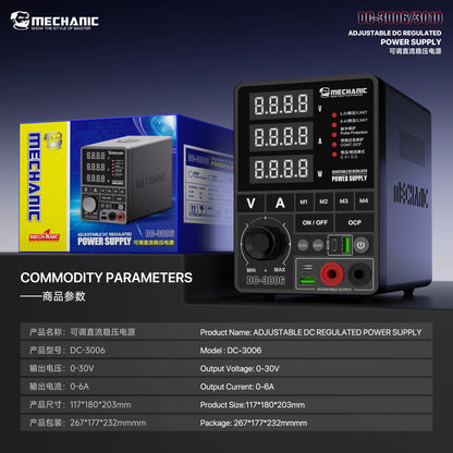 Fuente de alimentación regulada de CC ajustable MECHANIC DC-3006/3010 0-30V 6A/10A USB 5V 2A Pantalla digital para reparación de teléfonos móviles, PCB e IC