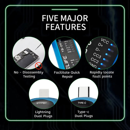 RELIFE TB-09 SE Simple Tail Insertion Tester Rapidly Locate Fault Points Lightning/Type-c Dual Plugs Fault Testing Tool