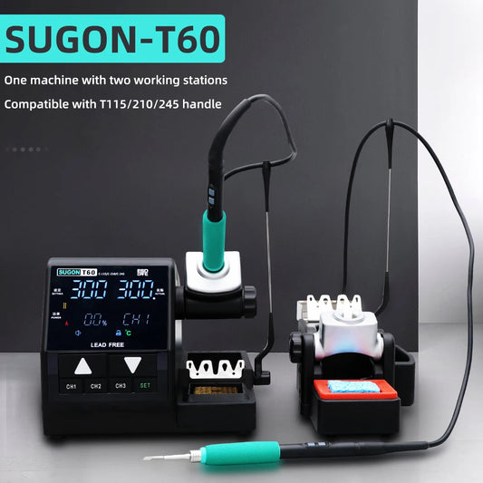 Estación de soldadura SUGON T60 de doble estación para soldadura y retrabajo, compatible con mango 115 210 245, herramienta para reparación de BGA y PCB