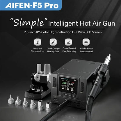 Estación de retrabajo de aire caliente AIFEN F5PRO de 1000 W, estación de soldadura electrónica de aire caliente de grado industrial para BGA, SMD y PCB
