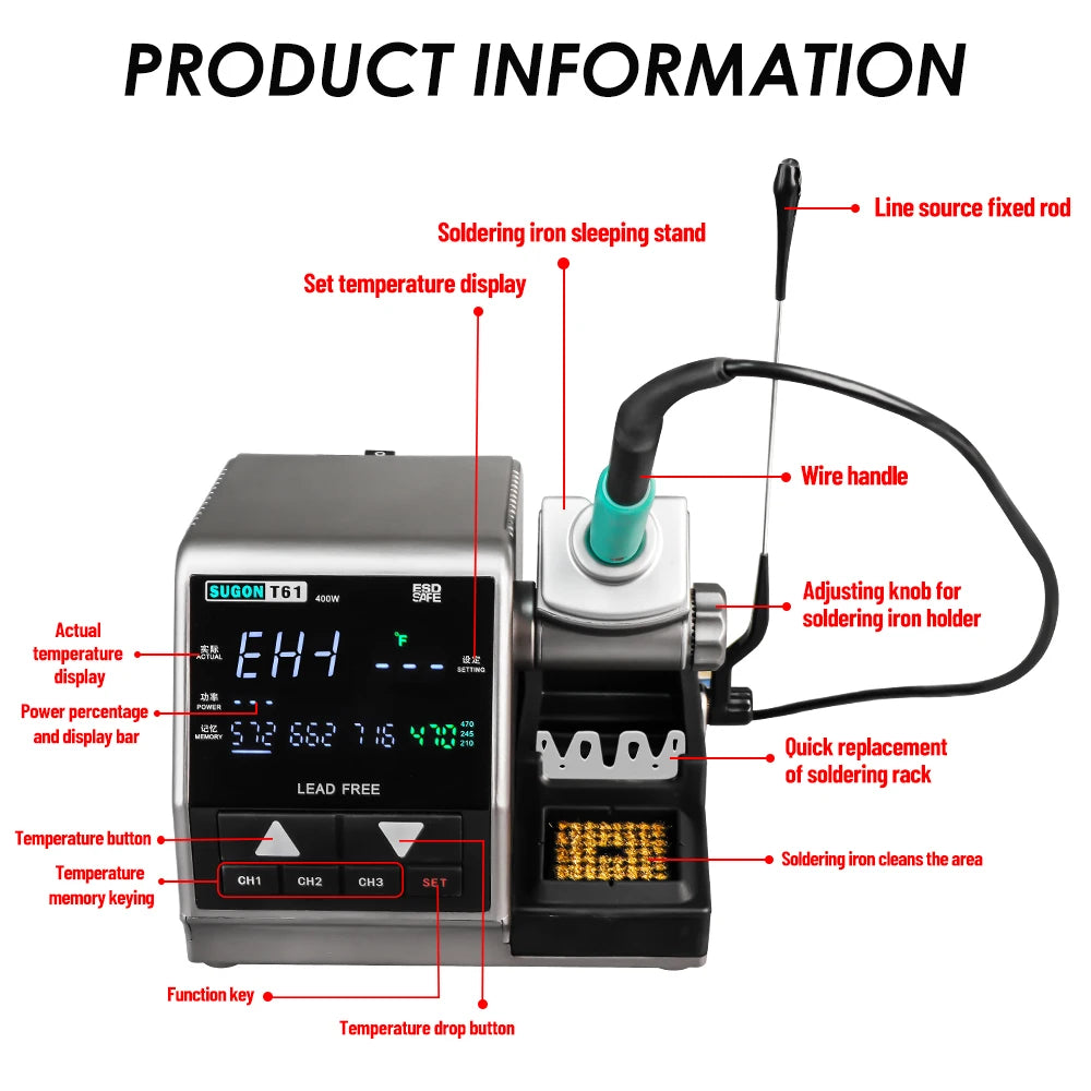 SUGON T61 Soldering Station 400W Compatible Soldering Iron Tip C470/245/210 Large Solder Joints Welding Rework Station