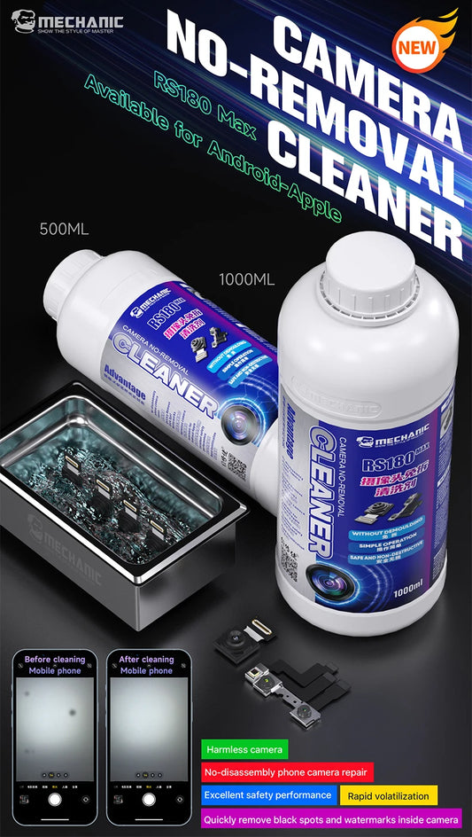 MECHANIC RS180 MAX 500ml 1000ml Agente de limpieza para cámara de teléfono Líquido para limpiador ultrasónico para eliminación de marcas de agua y manchas negras Reparación