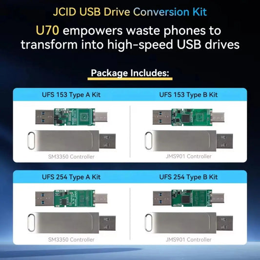 Kit de conversión de unidad USB JCID U70 UFS 153/254 A/B permite transformar teléfonos desechados en unidades USB de alta velocidad SM3350 JMS901