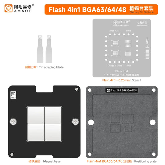 Kit de plataforma magnética 4 en 1 para reballing de memoria flash AMAOE BGA63 / BGA64 / BGA48