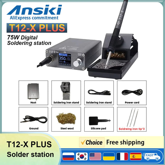 Estación de soldadura OSS T12-X Plus de 75 W con pantalla digital, temperatura constante, kit de puntas T12 para CPU, herramientas de precisión para soldadura y reparación