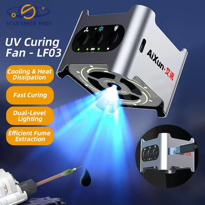Ventilador de curado UV AIXUN LF03 4 en 1 Refrigeración Disipación de calor Curado rápido Iluminación de doble nivel Extracción de humos Para ventilador de reparación de teléfonos
