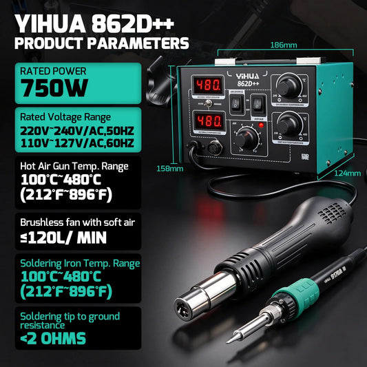 YIHUA 862D++ Estación de retrabajo 2 en 1 de soldador y aire caliente, herramienta de soldadura BGA SMD para reparación de teléfonos con modo automático y manual