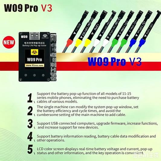 OSS W09 Pro V3 Probador emergente de duración de batería/No requiere comprar un cable flexible de batería adicional/Compatible con la serie IP 11-15