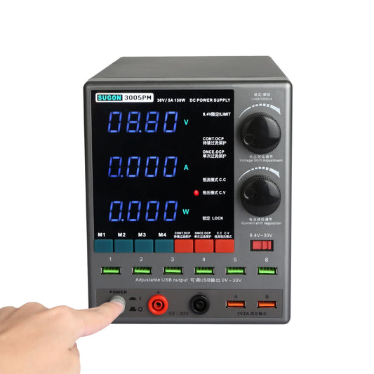 SUGON 3005PM 30V 5A Fuente de alimentación de CC digital ajustable 6 puertos USB Fuente de alimentación de banco de laboratorio Regulador de voltaje estabilizado Interruptor de máquina