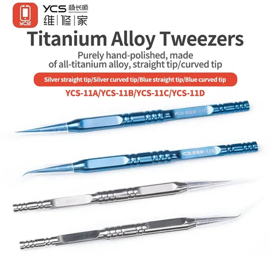 Pinzas curvas y puntiagudas de aleación de titanio YCS para reparación de teléfonos móviles, placas base de computadoras, chips y cables voladores, herramienta de sujeción