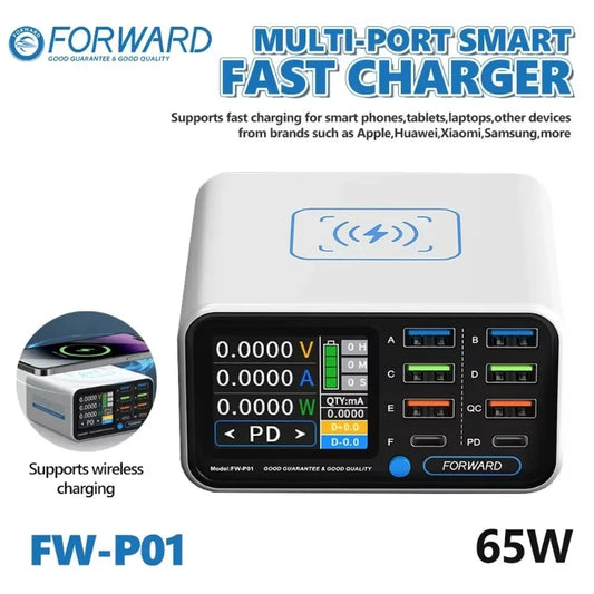 FORWARD FW-P01 Cargador rápido inteligente multipuerto de 65 W con carga inalámbrica, estación de carga USB tipo C de 5 A para teléfono, cargador de escritorio y herramientas
