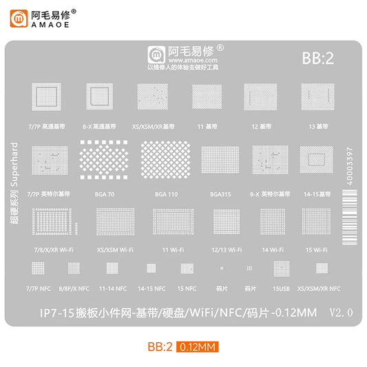 Plantilla AMAOE para reballing de baseband e IC BGA de iPhone 7-15 Pro Max (0,12 mm)
