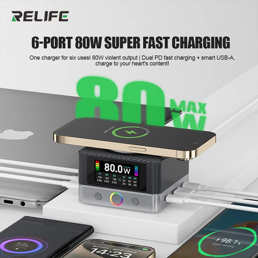 RELIFE 6-port 80W Super Fast Charging Dual PD Fast Charging and Smart USB-A Compatible with a variety of Electronic Devices