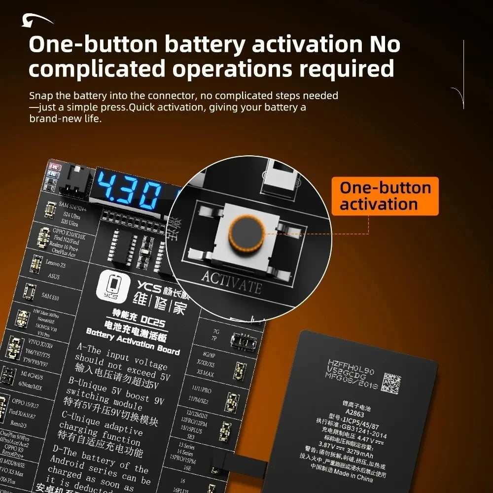YCS DC25 Battery Activation Board 5V/9V for iPhone Android Phone Repair Auto Polarity USB Type-C Charging Board