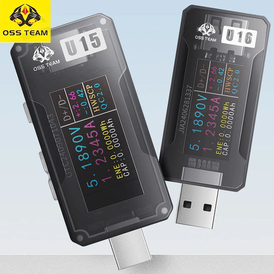 Probador de carga rápida OSS U15/U16 Tipo-C USB-A 12A 600W Medidores de corriente y voltaje Herramientas de prueba de capacidad de cargadores para teléfonos móviles