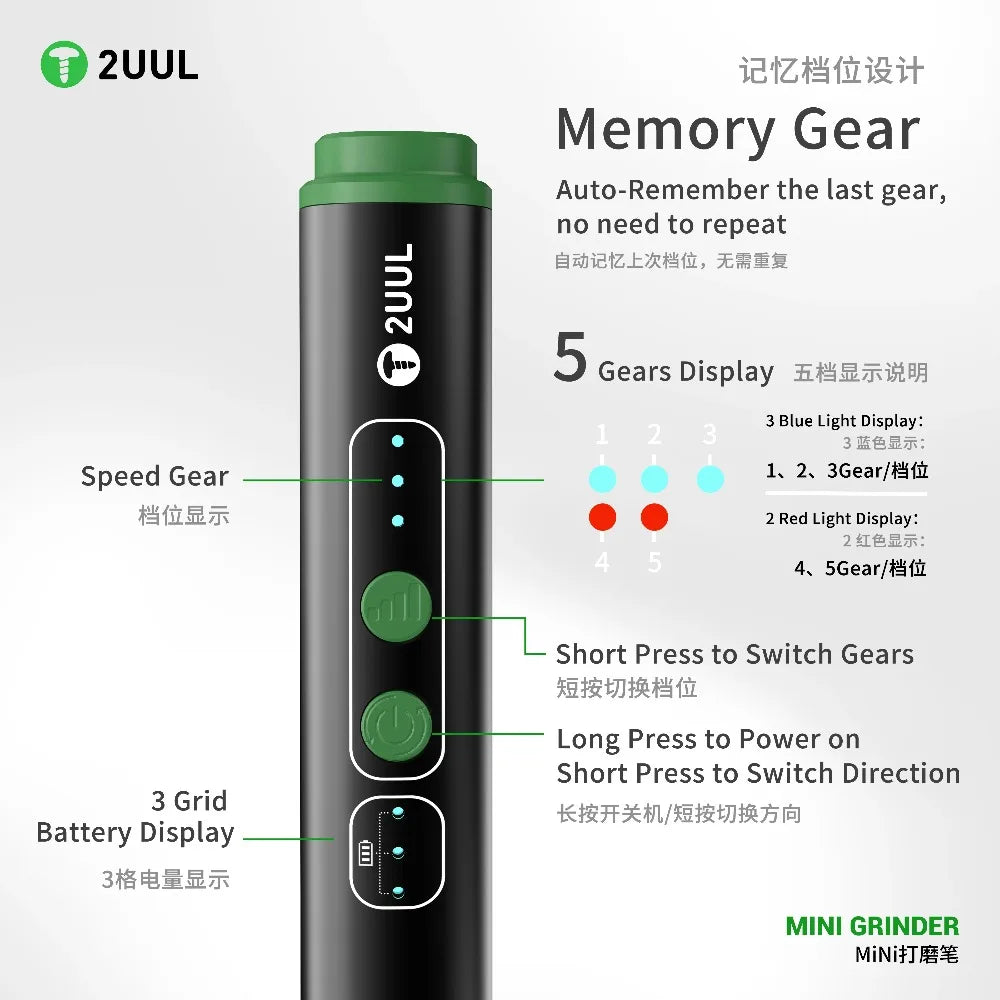 2UUL DA86 Mini Grinder with Grinding Cutting Drill Bits Polishing Pen for Phone OCA Glue Clean IC Chip CPU Drilling Repair Tool