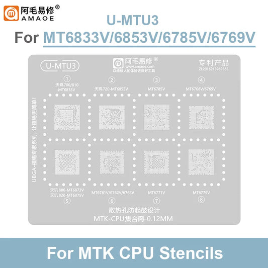 Plantilla de reballing BGA para CPU MediaTek AMAOE U-MTK y U-MTU (0,12 mm)