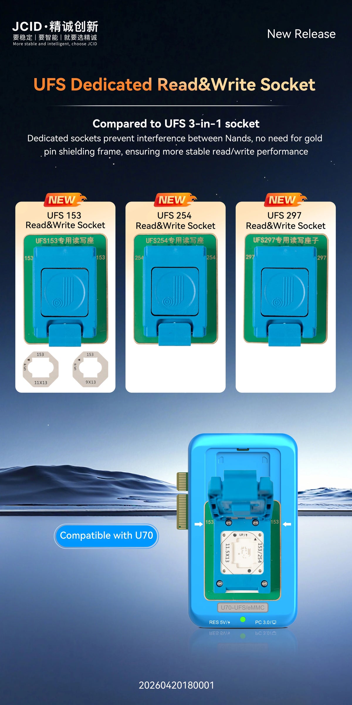 JCID U70 UFS Programmer & BGA153 / BGA254 / BGA297 Memory Chip Read-Write Sockets