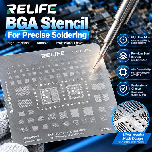 Plantilla de estencil para reballing de CPU RELIFE RL‑044 IPZ18, grosor de 0,12 mm, acero prémium, herramienta de reparación para teléfonos de la serie IP18