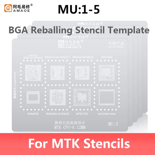 Plantilla para reballing BGA de CPU y RAM AMAOE MU1-5 MQ1-5 RAM1-2 (0,12 mm)