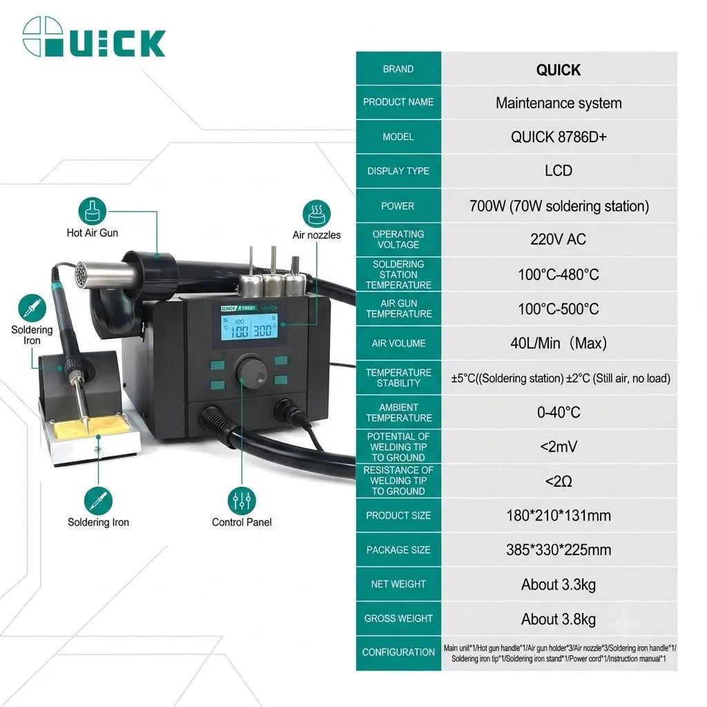 Estación de soldadura y retrabajo QUICK 8786D+/706W+, pistola de aire caliente, cautín, ventilador sin escobillas, suspensión automática, bloqueo por contraseña, reparación de teléfonos, BGA y PCB.