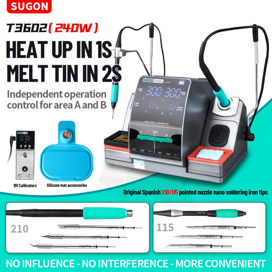 Estación de soldadura SUGON T3602 de 240 W con doble mango, kit de soldador nano para electrónica, reparación de teléfonos e IC, herramientas de soldadura de alta precisión