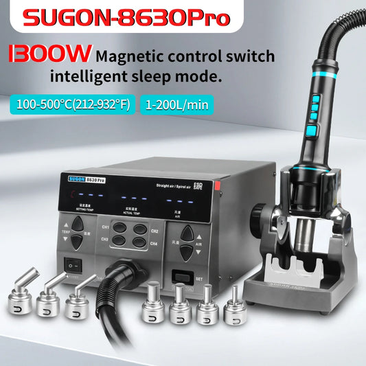 SUGON 8630Pro Pistola de aire caliente de 1300W con pantalla digital Estación de retrabajo de aire caliente Pistola de calor para soldar Estación de desoldado BGA Herramienta de reparación SMD