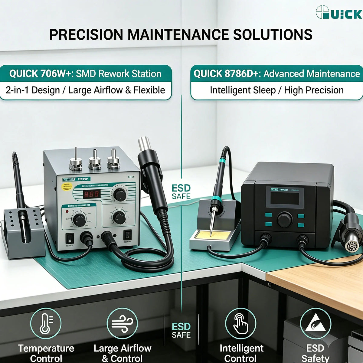 Estación de soldadura y retrabajo QUICK 8786D+/706W+, pistola de aire caliente, cautín, ventilador sin escobillas, suspensión automática, bloqueo por contraseña, reparación de teléfonos, BGA y PCB.