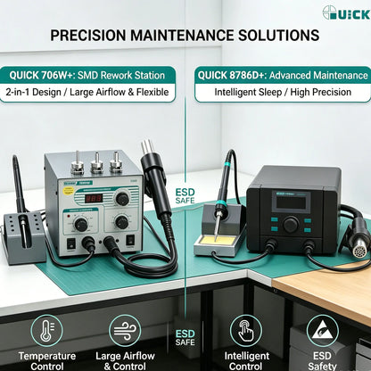 Estación de soldadura y retrabajo QUICK 8786D+/706W+, pistola de aire caliente, cautín, ventilador sin escobillas, suspensión automática, bloqueo por contraseña, reparación de teléfonos, BGA y PCB.