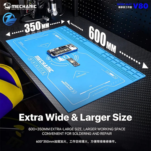 Alfombrilla de reparación de silicona MECHANIC V80 con almacenamiento para piezas, 600 × 350 mm