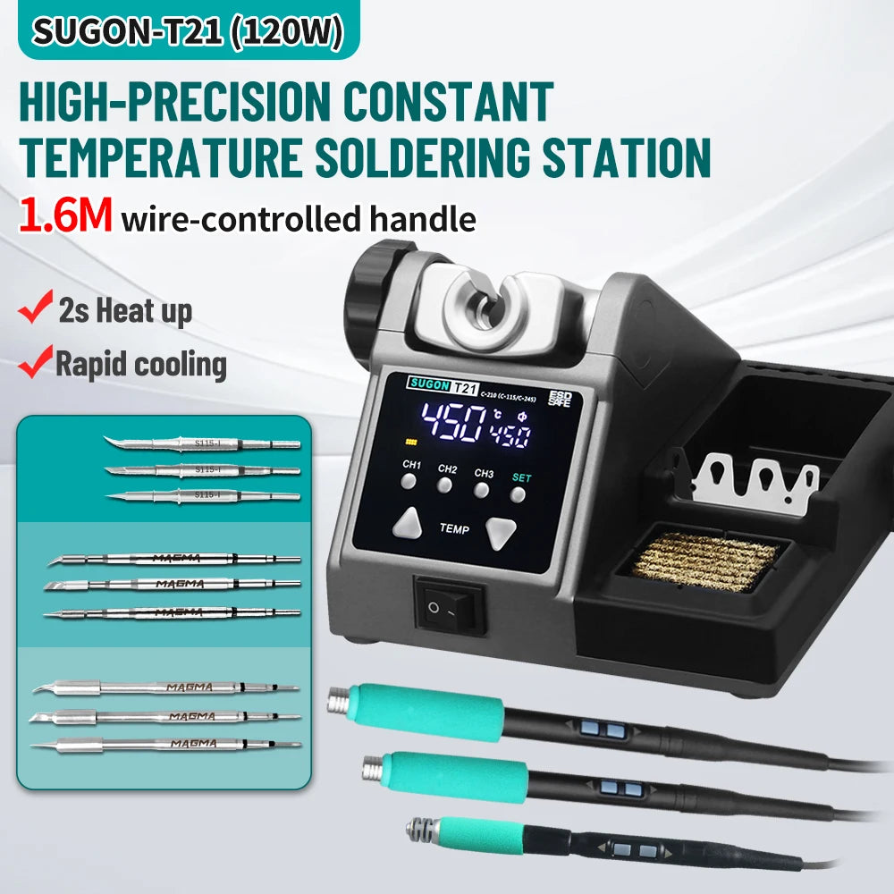SUGON T21 120W Soldering Station 1.6m Wire-Controlled Handle Electronics Soldering Iron Tip 115/210/245 Rework Station BGA Tools