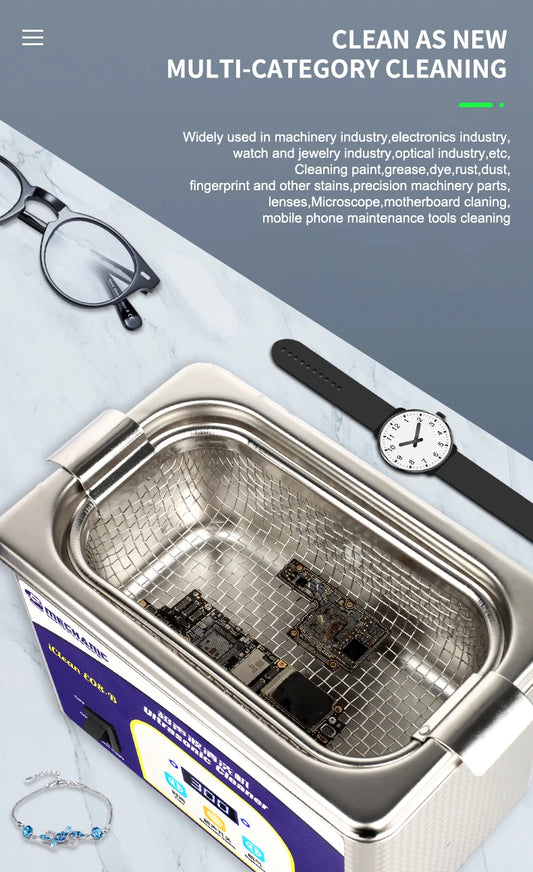 Limpiador ultrasónico MECHANIC IClean-E08B de 0,8 L y 80 W, máquina de limpieza de alta frecuencia para lavar placas base, lentes y herramientas de reparación de teléfonos móviles