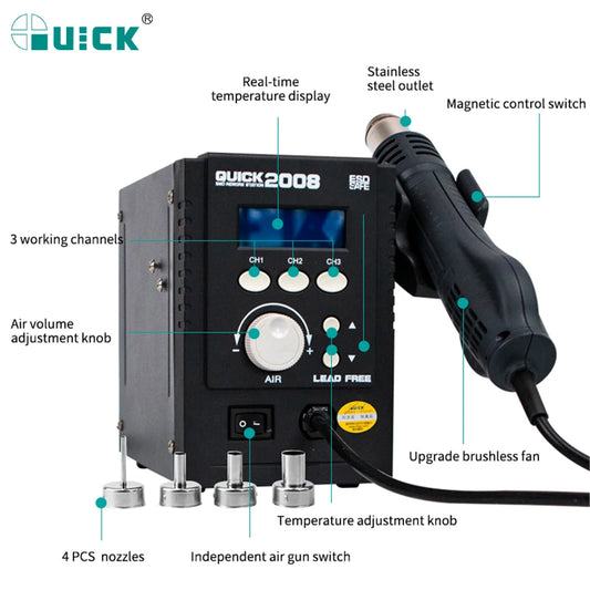 QUICK 2008 Original ESD Lead-Free Digital Display Heat Gun Welding Rework Soldering Station Mobile Phone Maintenance Air Gun