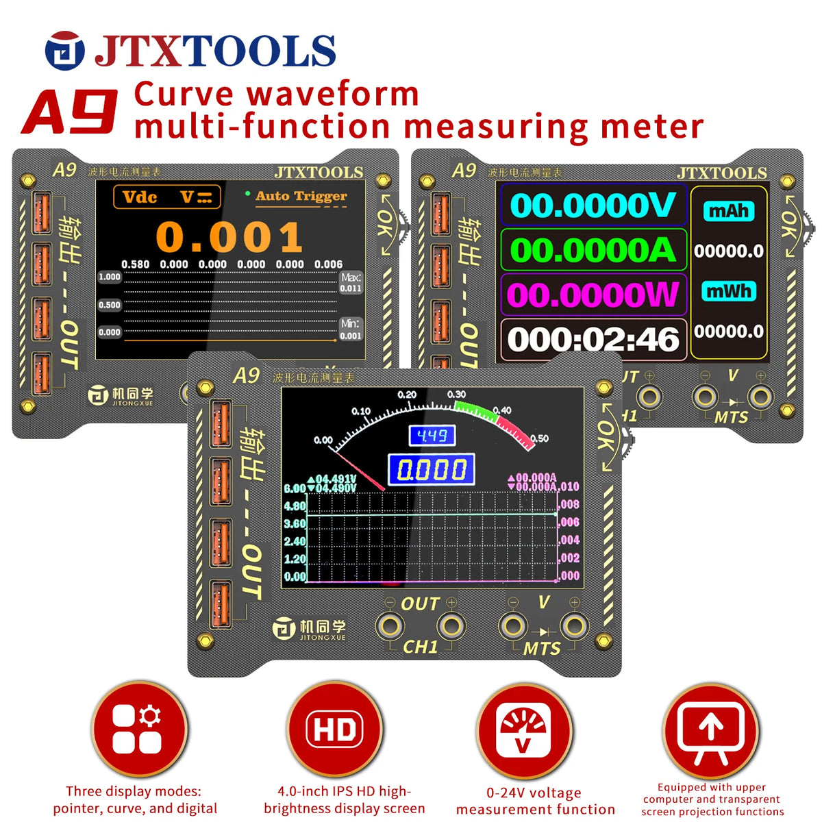 JTX A9 Accurate Curve Waveform Multi-function Measuring Meter Digital Display 0-36V Voltage and Current Precision Tester Meter
