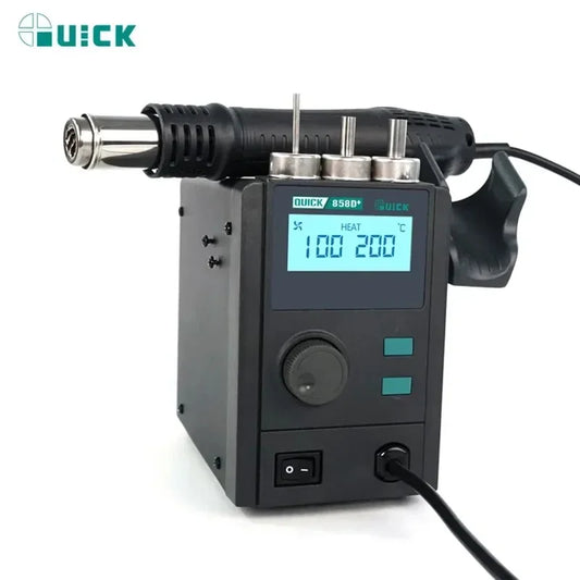 QUICK 858D+ Hot Air Soldering Machine Rework Station Hot Air Gun Low Noise LCD Smart Lead-Free Hot Air Desoldering Station