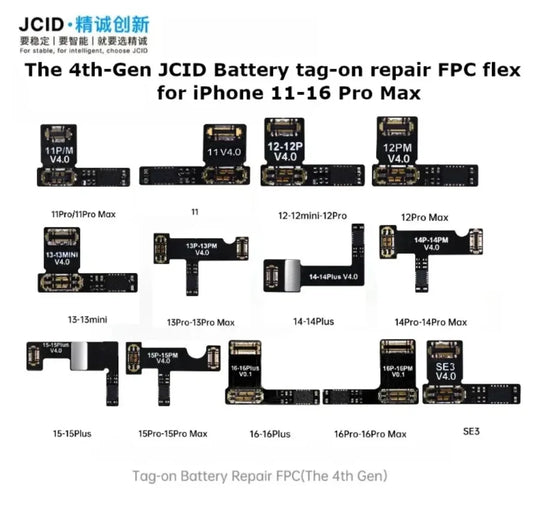 JCID 4.ª generación Flex Tag On para reparación de batería de iPhone 11 12 13 14 15 Plus Pro Max Mini, elimina la advertencia de batería, cable externo, herramientas