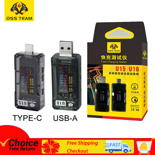 Probador de carga rápida OSS TEAM U15-16 compatible con TYPE-C USB-A, detecta automáticamente múltiples protocolos de carga rápida, medidor