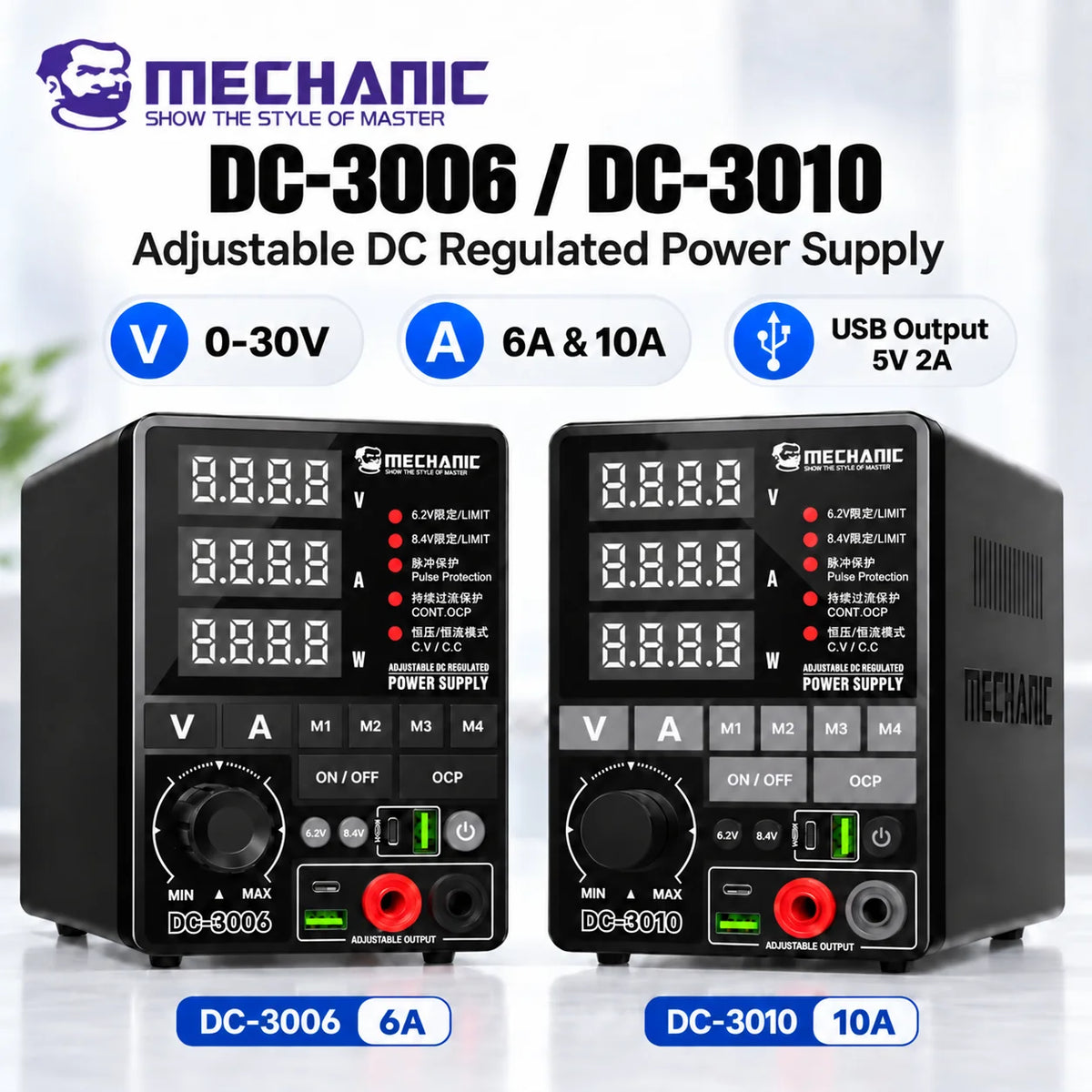Fuente de alimentación regulada de CC ajustable MECHANIC DC-3006/3010 0-30V 6A/10A USB 5V 2A Pantalla digital para reparación de teléfonos móviles, PCB e IC