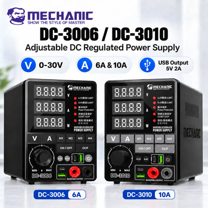 Fuente de alimentación regulada de CC ajustable MECHANIC DC-3006/3010 0-30V 6A/10A USB 5V 2A Pantalla digital para reparación de teléfonos móviles, PCB e IC