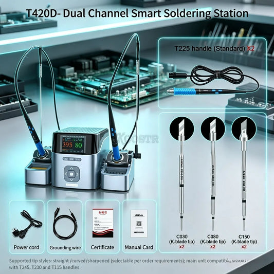 AIXUN T420D Dual Workstation Smart Soldering Station with T225 Welding Handle C030 C080 C150 Iron Tip for PCB SMD Repair