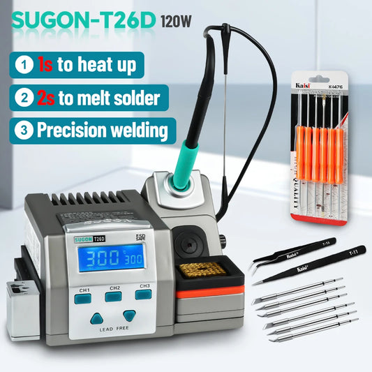 Estación de soldadura SUGON T26D para soldadura sin plomo, kit de soldador 2S de calentamiento rápido, mango original, sistema de calentamiento universal de 80 W