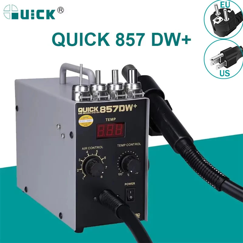 QUICK 857DW+ Adjustable Hot Air Gun 580W Welding Tools Portable Digital Display SMD Rework Solder Station With Nozzles & Heater