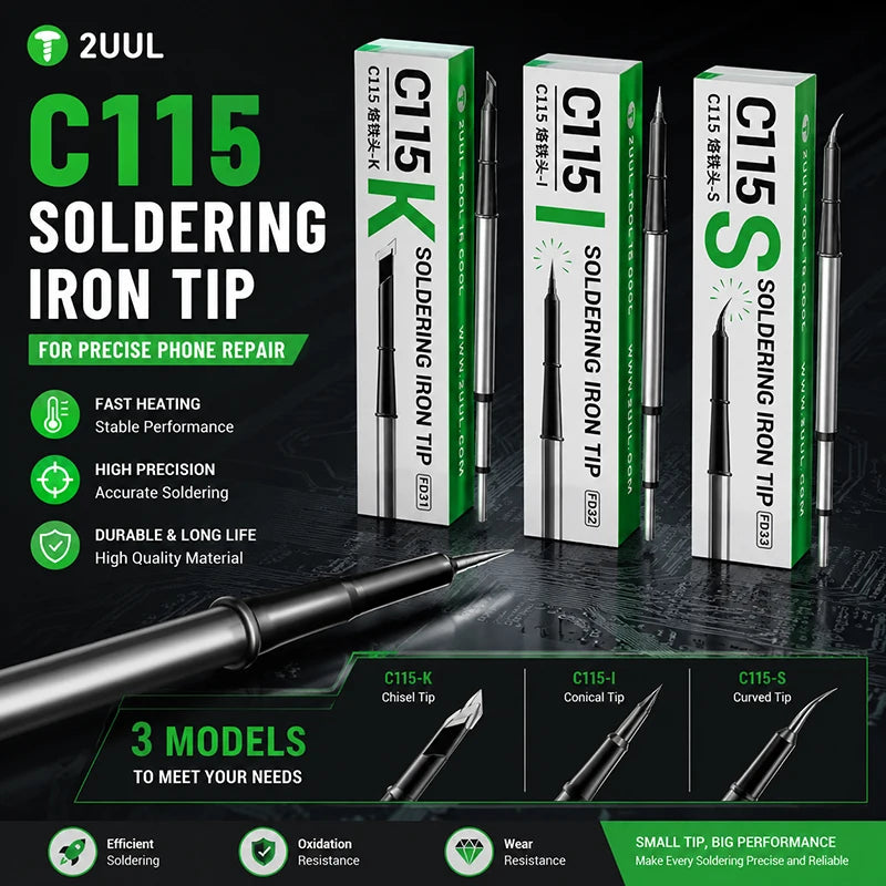 2UUL C115 Soldering Iron Tip K I S Precision Fast Heating Universal Replacement Solder Tips for Mobile PCB Repair Tools